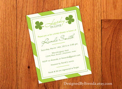 Lucky in Love Bridal Shower Invitation with Green and White Striped Background