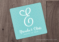 Wedding Favor Paper Coasters with Names and Wedding Date - Teal Blue can be any Colors