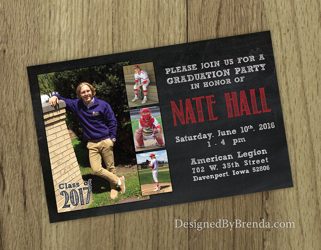 Large Chalkboard Style Graduation Announcement Invitation with Photos - Red