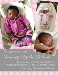 Pink and Grey Birth Announcement with Custom Photo Collage - Fun, Girly Look