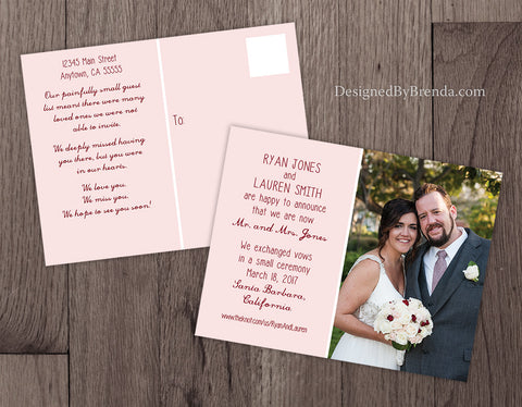 Elopement Announcement Postcard with Large Photo - Shown in Pink and Red