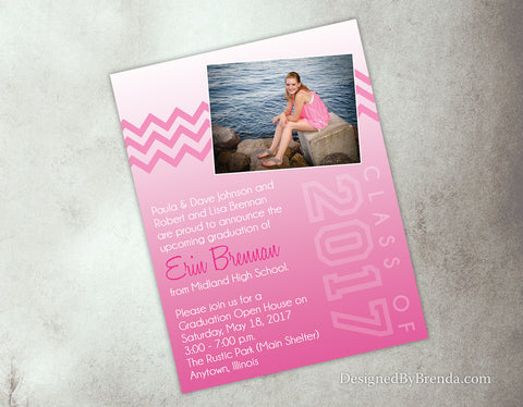 Pink Chevron and Ombre Photo Graduation Announcement Postcards - Any colors