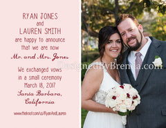 Elopement Announcement Postcard with Large Photo - Shown in Pink and Red