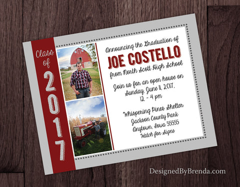 Graduation Announcement Postcard with Two Photos - School Colors Grey & Red