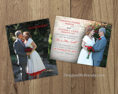 Double Sided Wedding Announcement or Elopement Card with Photos - Red & Grey