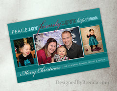 Christmas Card with 3 Large Photos - Sparkly Pink and Teal - Peace Joy Family Love Hope Friends