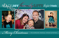 Christmas Card with 3 Large Photos - Sparkly Pink and Teal - Peace Joy Family Love Hope Friends