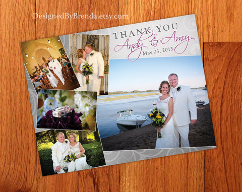 Wedding Thank You Postcard with Photo Collage on Grey Swirled Background