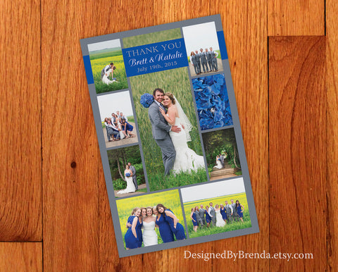 Vertical Wedding Thank You Card - Grey & Navy with Multiple Pictures