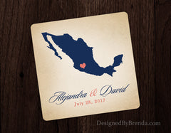 Rustic Wedding Favor Coaster with Mexico or any State or Country - Destination Wedding Favors, Navy & Coral