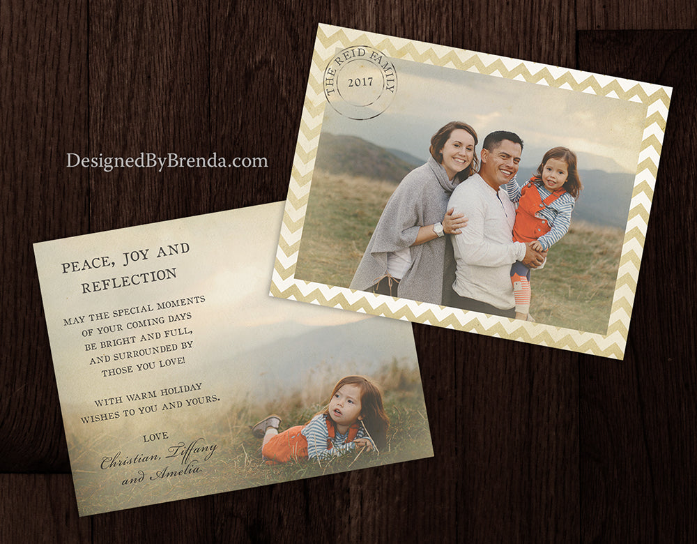 Vintage Style Holiday Card with Photos and Chevron Border - Rustic Postmark