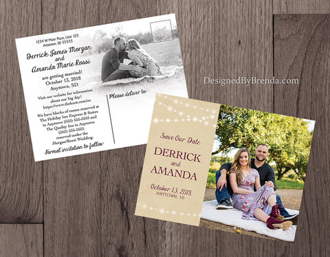 Rustic Save the Date Postcards with Photos and String of Lights - Double Sided
