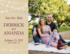 Rustic Save the Date Postcards with Photos and String of Lights - Double Sided
