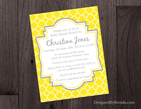 Quatrefoil Bridal or Baby Shower Invitations - Yellow and Grey