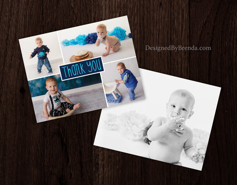 Teal and Navy Blue First Birthday Thank You for Baby Boy - Double Sided Postcard