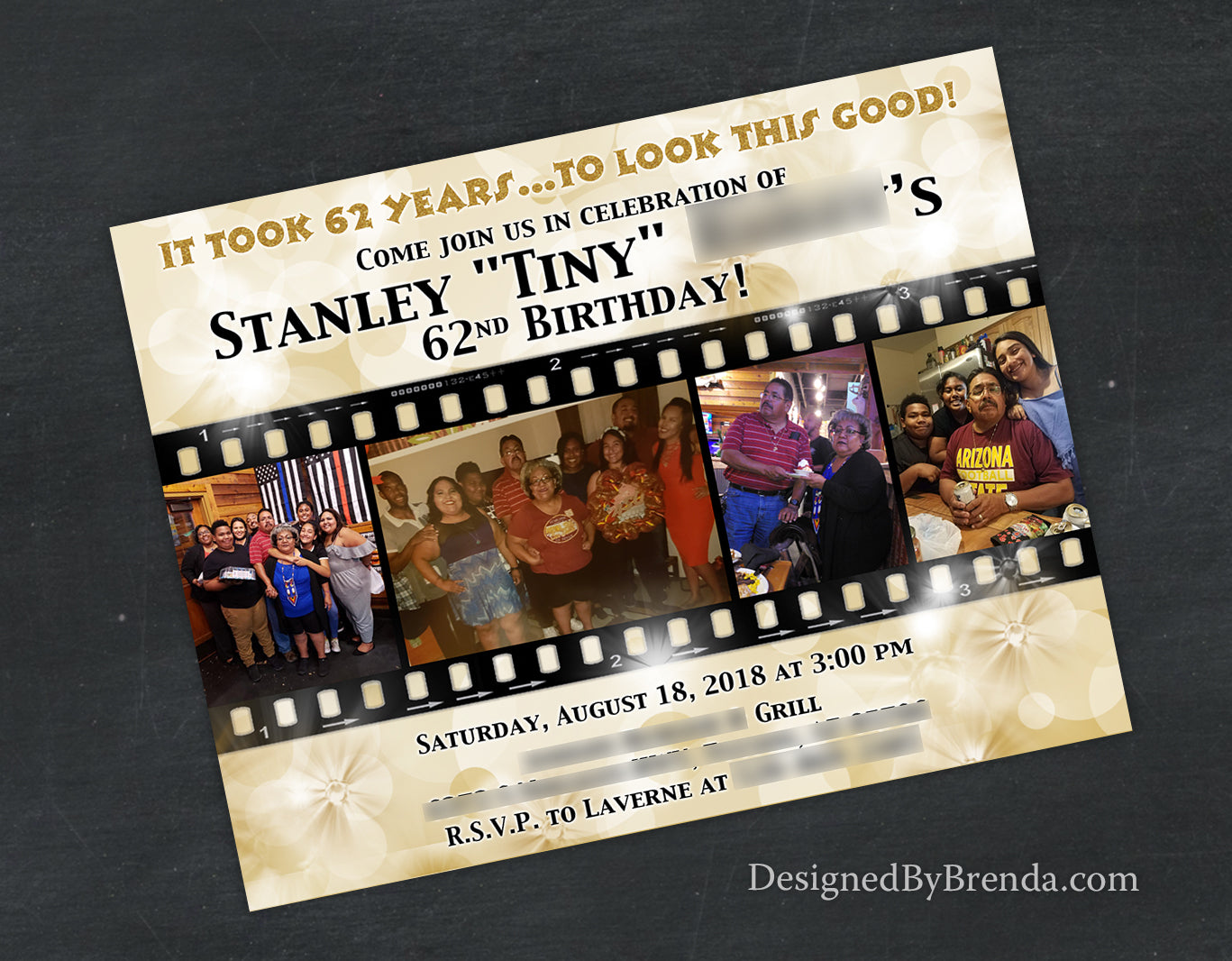Flashy Gold Birthday Party Invitation with Filmstrip Photo Collage - Any age or anniversary