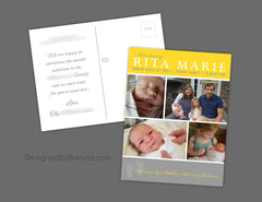 Vertical Birth Announcement with 4 Photo Collage - Shades of Purple & Baby Footprints