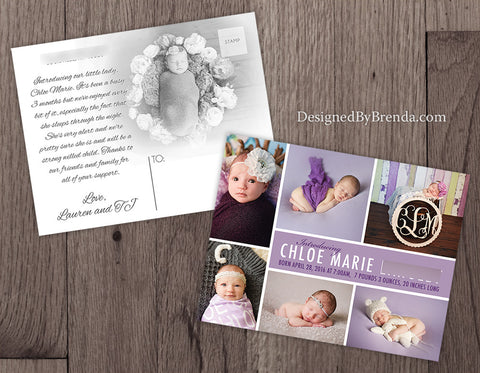 Photo Birth Announcement with Custom Modern Collage - Plum Purple