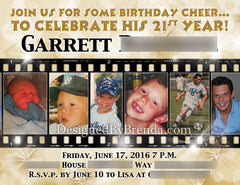 Flashy Gold Birthday Party Invitation with Filmstrip Photo Collage - Any age or anniversary