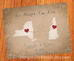 Rustic Print with Two States and Hearts in Personalized Locations - Vintage Burlap Look