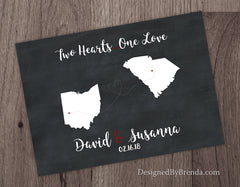 Two Hearts One Love Chalkboard Print with Two States - Wedding Guestbook Sign