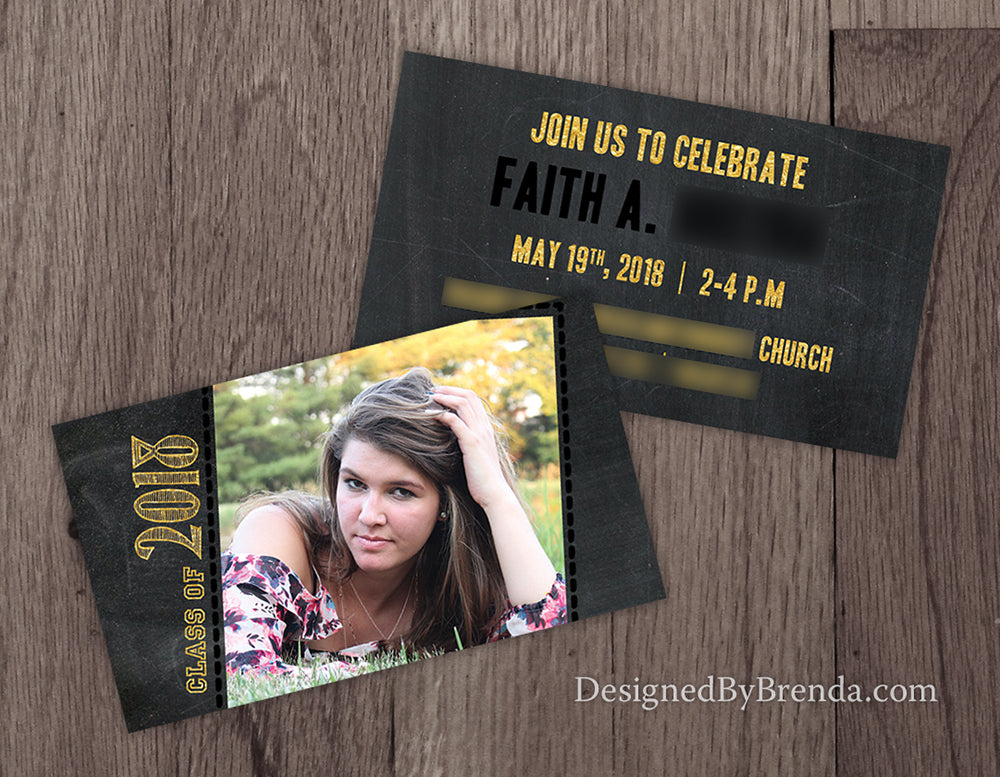 grad cards front and back Chalkboard Graduation Invitation with Photo