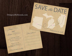 Rustic Save the Date Postcard with 3 or 4 States or Countries - Blue & Orange