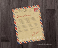 Rustic Letter from Santa - Digital PDF or JPEG File - Vintage Airmail Style