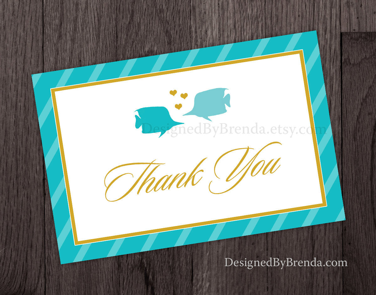 Two Less Fish in the Sea Folded Thank You Card Note for Wedding or Bridal Shower - Gold & Teal