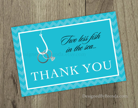 Teal Blue Two Less Fish in the Sea Folded Thank You Card Note for Wedding or Bridal Shower - Rings on Hook