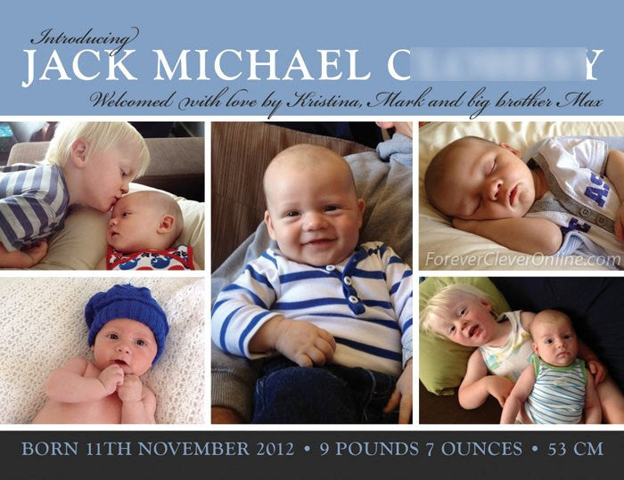 Custom Baby Announcement with Modern Photo Collage - Baby Boy - Blue & Grey  – Designed By Brenda