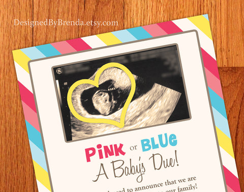 Pregnancy Announcement with Ultrasound Photo - Pink or Blue a Baby's Due with Fruit Size Comparison