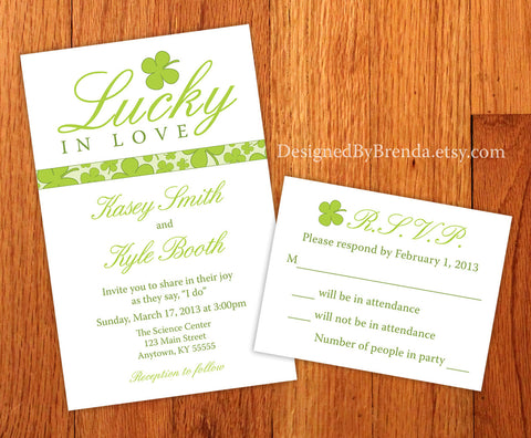 Lucky in Love Wedding Invitations with Green Four Leaf Clover Shamrocks - St. Patrick's Day Wedding