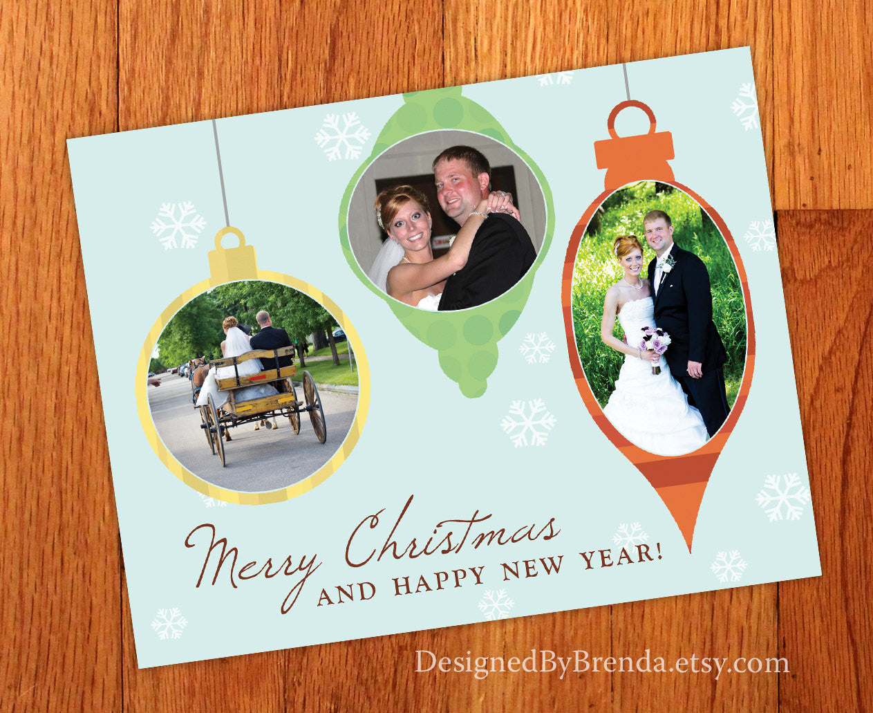 Whimsical Christmas Ornament Card with 3 Photos - Any Colors & Any Holiday Greeting