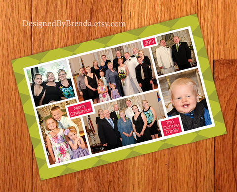 Pink & Lime Green Argyle Holiday Card with 6 Photos in a Custom Collage