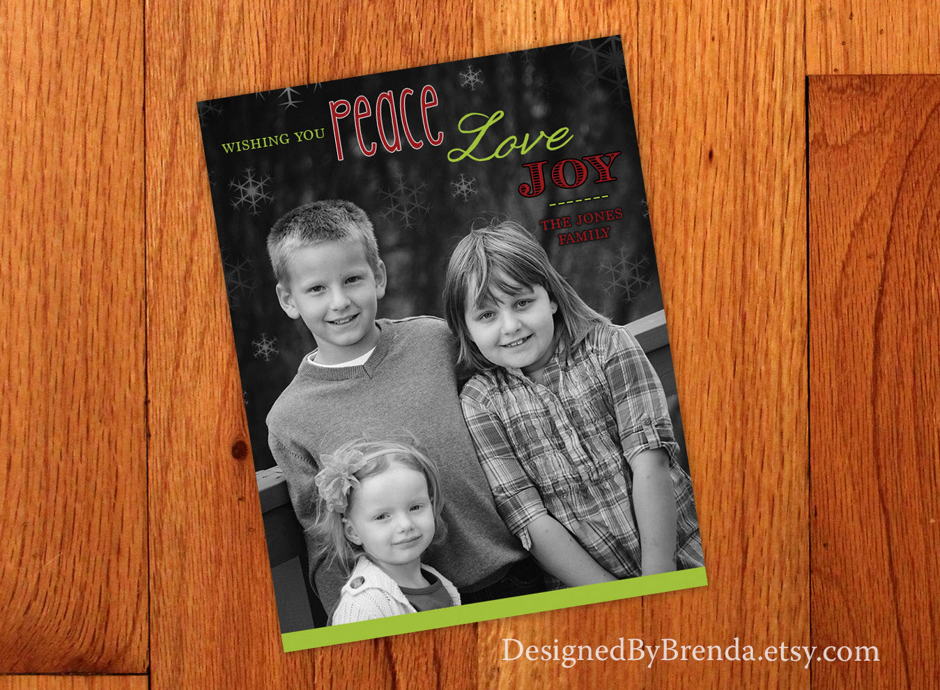 Custom Holiday Card with Photo - Peace, Love, Joy on Black & White Picture