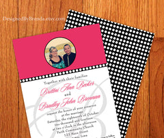 Pink, Black & White Polka Dot Wedding Invitation with Photo with Monogram Watermark