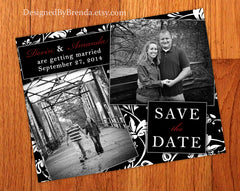 Black & White Damask Save the Date Card or Postcard with 2 Photos