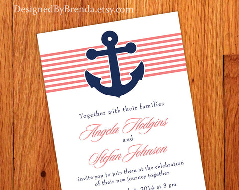 Coral & Navy Nautical Anchor Wedding Invitation - Perfect for Cruise or Destination Wedding