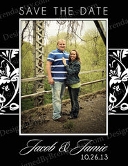 Black & White Damask Patterned Save the Dates with Photo