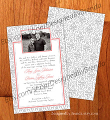 Pink, Black & White Damask Wedding Invitations with Photo - Can also be Anniversary Invite
