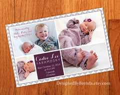 Large Chevron Birth Announcement with Multiple Pictures - Grey & Plum with Photo on Back