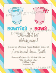 Bowties or Bows Gender Reveal Party Invitation or Baby Shower Invite - Pink, Blue & Yellow