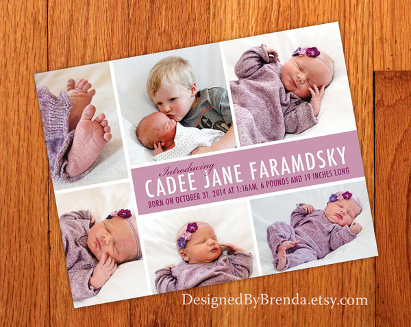 Plum Birth Announcement with Modern Six Photo Collage – Designed By Brenda