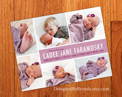 Photo Birth Announcement with Custom Modern Collage - Plum Purple