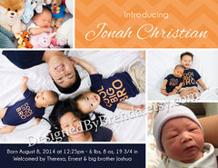 Orange & Navy Blue Chevron Baby Announcement with 4 Photos - Fun & Quirky