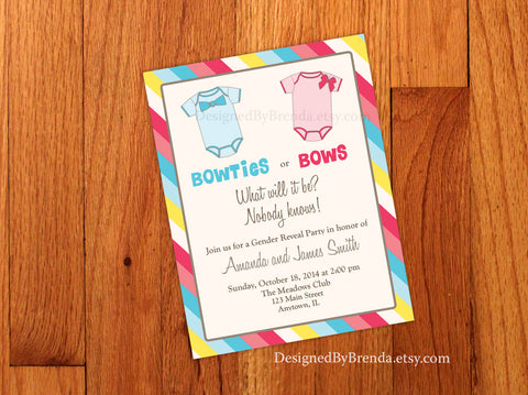 Bowties or Bows Gender Reveal Party Invitation or Baby Shower Invite - Pink, Blue & Yellow