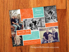 Burgundy Save the Date with Multiple Pictures and Postcard Style Back