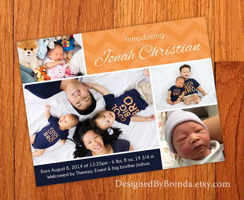 Orange & Navy Blue Chevron Baby Announcement with 4 Photos - Fun & Quirky