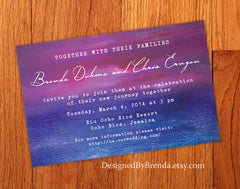 Abstract Artistic Wedding Invitation with Faux Painted Sunset Background - Purple, Pink & Blue